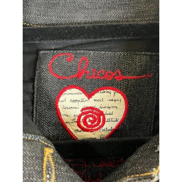 Chicos Denim Jacket M Gray Striped Embroidery Western Aztec Boho Retro 80s Chic - Picture 2 of 16